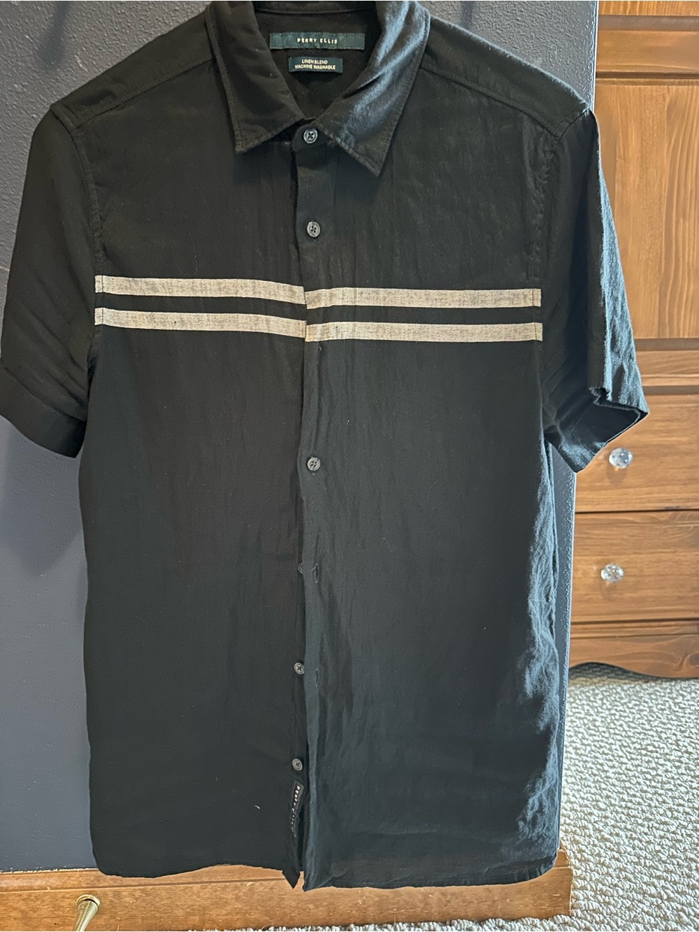 Perry Ellis Black Short-Sleeve Button-Down Shirt with White Chest Stripes